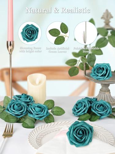 MACTING Artificial Rose Flowers 30PCS Real Touch Fake Flowers with Stem Foam Roses for DIY Wedding Bouquets Table Centerpieces Floral Arrangements Party Home Spring Valentines Day Decor,Peacock Green - color: Peacock Green, size: 30PCS