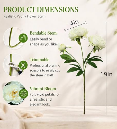 4 Pcs Silk Peonies Artificial Flowers Bulk Faux Peony Bouquet Fake Flower for Wedding Bridal Shower Centerpieces DIY Floral Arrangements Home Party Decorations (White) - color: White