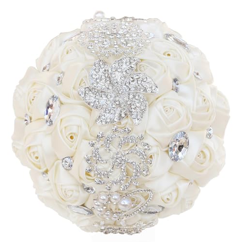 Wedding Bouquets Crystal Satin Rose Bride Bridal 7 Inch Bouquet Romantic Bridesmaid Holding Flower for Valentine's Day Confession Party Church (Creamy) - color: Creamy