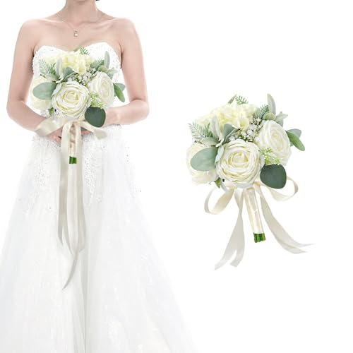White Bridesmaid Bouquets for Wedding - Silk Artificial Ivory Bridesmaid Flowers, Pre-Made Roses Sage Green Boho Bridal Floral for Bride Party Ceremony Anniversary Decoration Girls - 9inch - color: White-2, size: Set of 1 Bridesmaid Bouquets