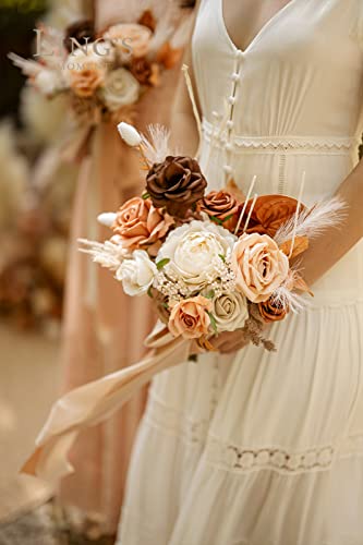 Ling's moment Brown Artificial Wedding Flower Bouquets for Bridesmaids Boho Floral Bouquet Ivory Bridal Bouquets for Bridesmaids with Ribbon Ceremony Anniversary,7-inch Diameter - color: Or-rust Boho & Terracotta