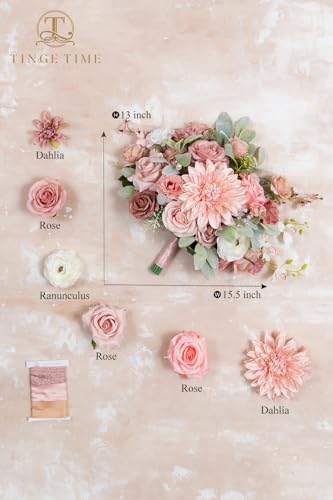 TINGE TIME 13 Inch Wedding Bouquets for Bride,Bridal Bouquet for Bride, Artificial Silk Flowers for Wedding Ceremony and Anniversary (Dusty Rose & Cream) - color: Dusty Rose