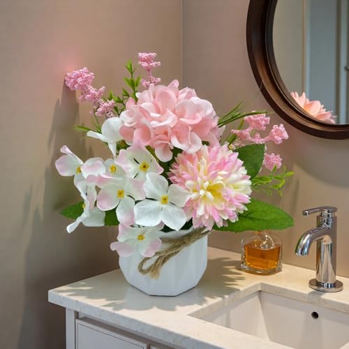 2 Potted Pink White Hydrangea Artificial Flowers Indoor Fake Plant Bathroom Accessories Decor，Faux Silk Flowers Arrangement in Vase Centerpieces for Tables Dresser Shelf Decor Aesthetic - color: Pink