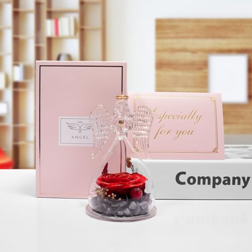 Miofula Gifts for Mom Birthday Gifts for Women, Preserved Flowers Rose in Glass Angel Figurines, Fresh Flowers for Delivery Anniversary Forever Real Roses Gifts for Mothers Grandma Her Wife Girlfriend - color: Red Dipped Gold