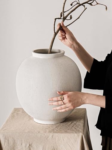 White Ceramic Vase - Large 13.5 Inch Round Floor Vase for Centerpieces, Farmhouse Flower Vases, Rustic Minimalist Home Decor (Sandstone White) - color: Sandstone White, size: 13.5 Inch
