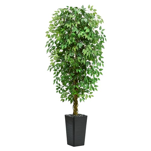 7FT Artificial Ficus Tree, 84 Inch Realistic Faux Silk Ficus Floor Plant with Black Planter & Pebbles, Tall Fake Potted Tree for Indoor Home Office Living Room Corner Decor - color: Black, size: 7 ft
