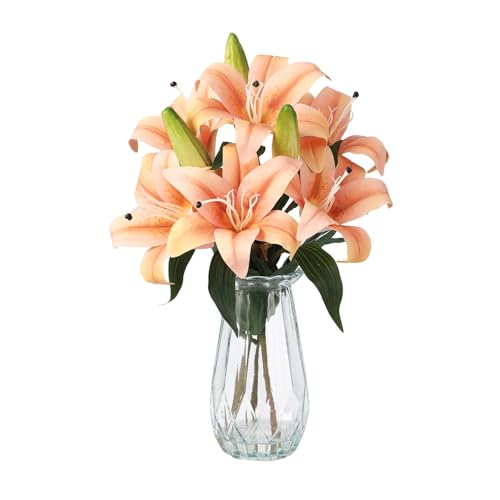 6 Stems Champagne Artificial Lily Flowers with Fake Water and Fruits - PU Silk Fake Flowers for Home Vase Decor - color: Champagne, size: BHSH-JS-6