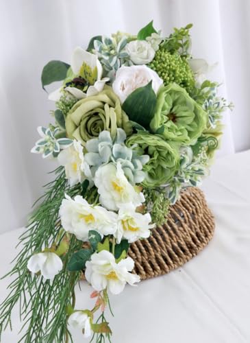 9.1 Inch Cascading Bridal Bouquet Waterfall Cascade Wedding Bouquet Bride with Artificial Rose Peony Flower Rustic Boho Wedding Ceremony Bouquet Sage Green - color: Sage Green
