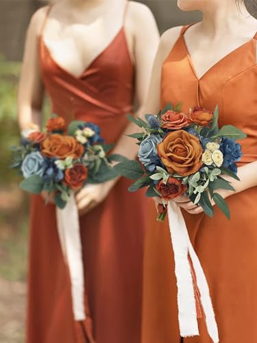 Rinlong Navy Terracotta Bridesmaid Bouquet, Fall Wedding Bouquets | Bridal Bouquet, Prom, Homecoming, Destination Friendly - color: 02-navy & Terracotta