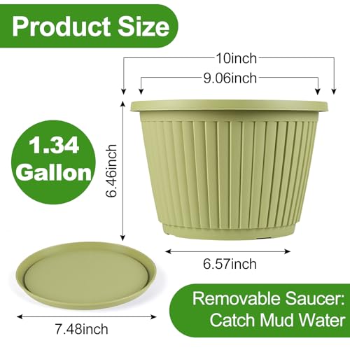 10-inch-Planters-for-Outdoor-Plant，Plastic Indoor Flower Pots with Drainage Holes & Saucer，4 Packs Decorative Garden Pots for Plant for Home Porch Decor - color: Avocado Green, size: 10 inch-4 Pack