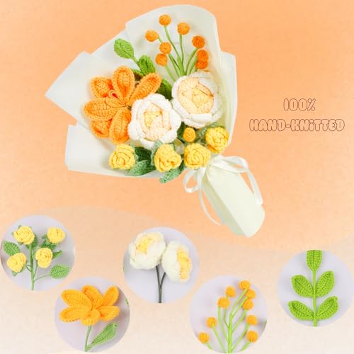 Crochet Flower Bouquet for Mom, Valentines Handmade Crochet Flowers Gifts, Knitted Tulips Rose Bouquet for Women Birthday Graduation Gifts (Orange) - color: Z-orange