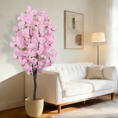 BINCUE Artificial Pink Cherry Blossom Tree Fake Tree Cherry Blossom Decor Fake Flowers Faux Flowering Tree Pink Flowers Floral Artificial Plants for Indoors Outdoors Room Home Decor Gift 5.6FT - color: Pink-06ap