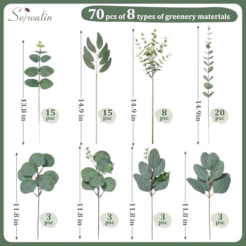 Serwalin 70 Pcs 8 Kinds Mixed Eucalyptus Stems Bulk,Artificial Greenery Silver Dollar Eucalyptus Leaves Picks for Centerpieces Vase DIY Bouquet Arrangement Home Decor - color: Attractive Eucalyptus Leaves Stems