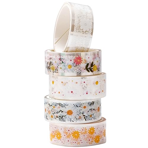 YUBBAEX 5 Rolls Floral Washi Tape Set PET Decorative Flowers Patterns Transparent Masking Tapes for Arts, DIY Crafts, Journals, Planners, Scrapbook, Wrapping (Daisy) - color: Daisy