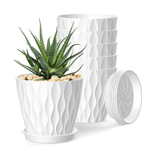 4 Inch Plant Pots, 6 Pack Indoor Flower Pots, Planters with Drainage Holes and Trays for Orchids, Violets, Succulents, Herbs, and Other Plants,White - color: White, size: 4inch