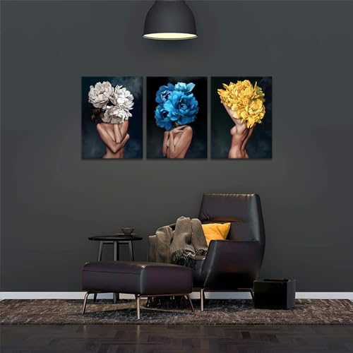3 Panels Women Pictures Wall Art Flowers Head Posters Prints on Canvas Sexy Girls Artwork for Living Room Bedroom Home Decoration Framed Ready to Hang - 12" W x 16"H x 3pcs - color: Art01, size: 12x16x3pcs