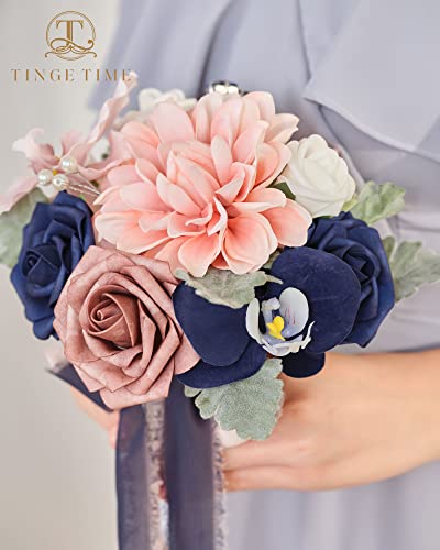TINGE TIME 7inch Wedding Bouquets for Bridesmaid, Artificial Flowers Cascading Bridal Bouquet for Wedding (Dusty Rose & Navy Blue, Set of 4) - color: Dusty Rose & Navy Blue
