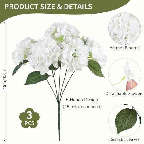 AGIRL 3 Bundles White Artificial Hydrangea Flowers for Outdoors, UV Resistant Lifelike Faux Flowers for Spring Indoor Outdoor Garden Patio Porch Balcony Home Decoration Wedding Party Centerpieces - color: Pure White, size: 3