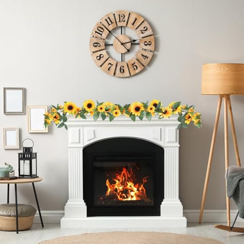 Zythrem 6 Pack Artificial Sunflower Garland for Decoration 7.22FT Silk Sunflower Yellow Flower Vines with Green Leaves Summer Garland for Mantle Wedding Table Home Baby Shower Party