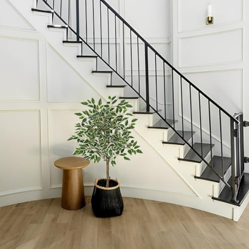 3Ft Ficus Tree Artificial Plants Indoor with Realistic Trunk, Tall Fake Potted Tree Faux Floor Plant, Artificial Tree in Pot for Home Living Room Office Bedroom Corner Decor(Green White) - color: Green White, size: 3Ft