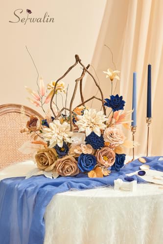 Serwalin Artificial Khaki Brown & Blue Flowers, Silk Fake Flowers for DIY Wedding Bouquets Cake Flower,Table Centerpieces Baby Shower Birthday Party Home Decorations - color: Khaki Brown & Blue, size: Grand