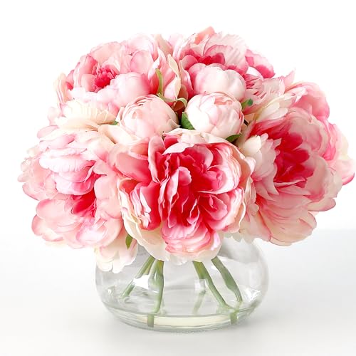 Pink Peonies Artificial Flowers in Vase, Silk Faux Peony Fake Flower Arrangements with Glass Vase and Faux Water for Home Decor Wedding Bouquets Table Centerpieces - color: Peony Vase With Faux Water, size: Pink