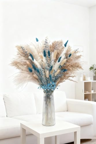 Blue Pampas Grass Bouquet – Blue Dried Baby's Breath, Pampas Grass and Eucalyptus Stems, Dried Flower Arrangements for Boho Decor, Rustic Flowers for Home Decor, Bedroom, and Wedding, Table Decor