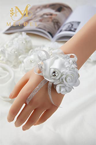 6pcs White Wedding Wrist Corsages Artificial Silk Rose for Women | for Wedding, Prom, Homecoming, and Evening Party, Wrist Corsages with Pearls for Brides, Bridesmaids, Mother of the Bride - color: 6pcs White Wrist Corsages
