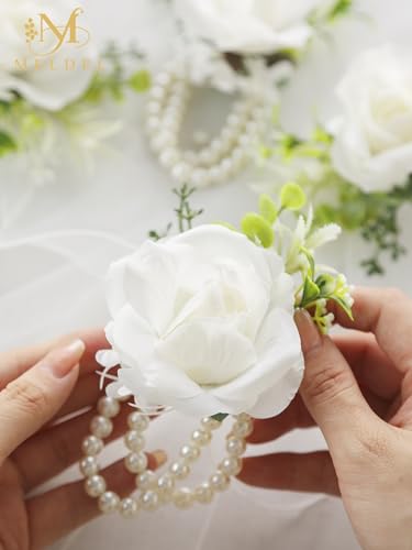 White Ivory Rose Wrist Corsage, Set of 6, Wedding Bridal Flower Corsage Hand Decor for Prom Party Homecoming, Wristband Flowers Bride, Bridesmaid, Girl - color: White#2 Wrist Corsage ( Set of 6)
