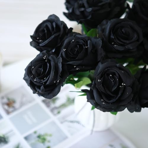 Felice Arts 12 Pack Black Roses Artificial Silk Flowers, Realistic Fake Roses Bouquet with Short Bendable Stems for Home Kitchen Vase Arrangements Wedding Centerpiece Halloween Party DIY Decor - color: Black