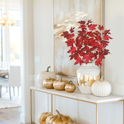 3Pcs Fall Decor Artificial Maple Leaves Branches Fake Fall Leaves Stems Plants Faux Maple Shrubs Leaf Bushes for Home Kitchen Decor Autumn Thanksgiving Fireplace Festival Party Decorations Light Red