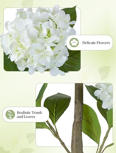 BLOSMON White Hydrangea Artificial Trees: 5ft Real Touch Faux Hydrangeas Flower Tree with Pot for Front Porch Planters Decoration Outdoor - Fake Silk Floral Plant for Home Patio Entrance Decor Indoor - color: White Hydrangea