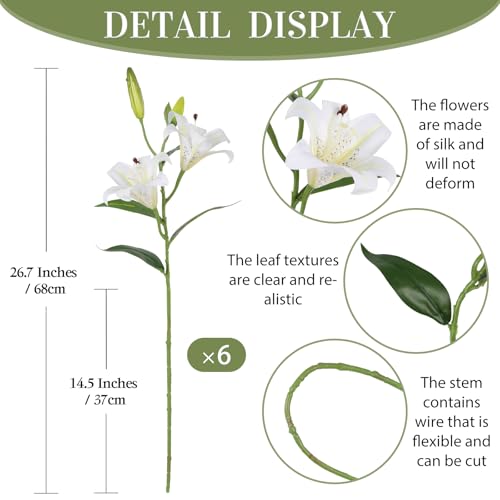 6PCS Artificial Lilies 26.7" Silk Lily Flowers with 12 Heads Fully Bloomed Lilies and 18 Buds, Long Stem Lilies Artificial Flowers for Home Party Wedding Easter Decor(White) - color: White