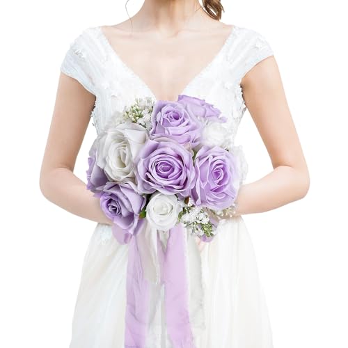 Wedding Bouquet for Bride - Premade Simple Artificial Roses Flowers for Bridal Shower Destination Ceremony Anniversary Decorations (Lilac & White) - color: Lilac & White