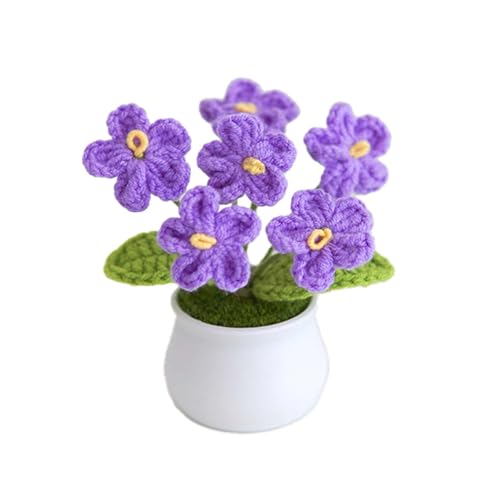 Blync Knitting Crochet Flowers Potted Plants, Fake Forget Me Not Flowers for Friends, Family and Lover, Artificial Handmade Flowers for Valentines Birthday Wedding Gift and Home Decor (Purple) - color: Purple