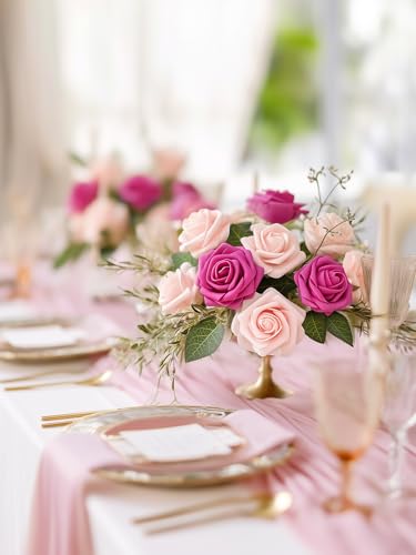 InnoGear Artificial Flowers, 50 Pcs Fuchsia Rose Foam Red-Violet Fake Roses Bulk with Stems for Decoration DIY Wedding Bouquets Centerpieces Bridal Shower Party Christmas Tree - color: Fuchsia