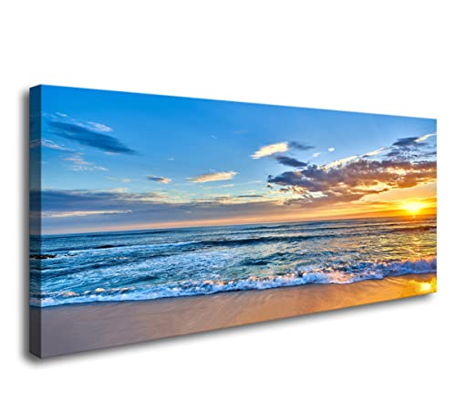 Aibonnly Wall Art Canvas Painting Seaside Sunset over the beaches 1 Piece blue sea view Ocean Picture Poster Print Framed and Stretched Ready to Hang for Living Room Bedroom Kitchen Office - color: Blue, size: 48"L x 24"W