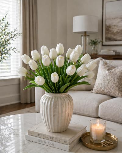 20 Artificial Tulip Flowers – Real Touch Faux Tulips Bouquet for Home Decor, Wedding Centerpieces, Bridal Arrangements, Office, and Spring Floral Decorations (20, White)