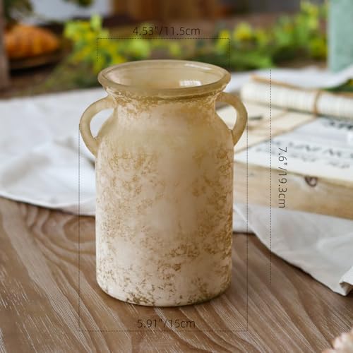 Glass Flower Vase with Handle- 8 Inches Rustic Imitation Ceramic Vase for Flowers, Vintage White Brown Centerpiece Decorations for Farmhouse, Modern Home, Table & Holiday Decorations - color: White Brown