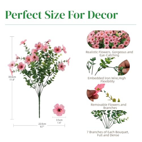 12 Bundles Artificial Flowers for Outdoor, UV Resistant Faux Mums with Eucalyptus Leaves Fake Plants for Outdoor Planters Greenery Boxwood Porch Patio Decoration