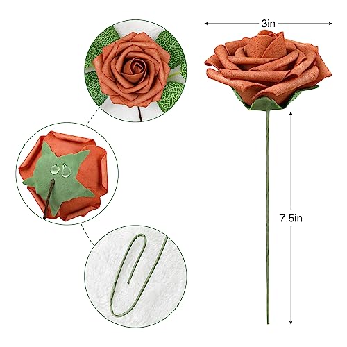 AmyHomie Artificial Flowers Burnt Orange Rose 25pcs Real Looking Fake Roses w/Stem for DIY Wedding Bouquets Centerpieces Arrangements Party Baby Shower Valentines Day Christmas Tree Decorations - color: Burnt Orange