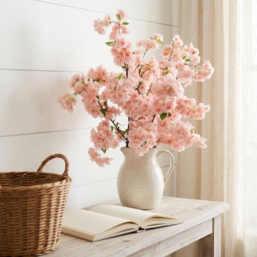 Larksilk Light Pink Cherry Blossom Branches Sakura, Japanese Faux Silk | Faux cherry blossom and Japanese sakura branches, plum/peach silk stems; real-touch for tall vase, wedding & spring decor