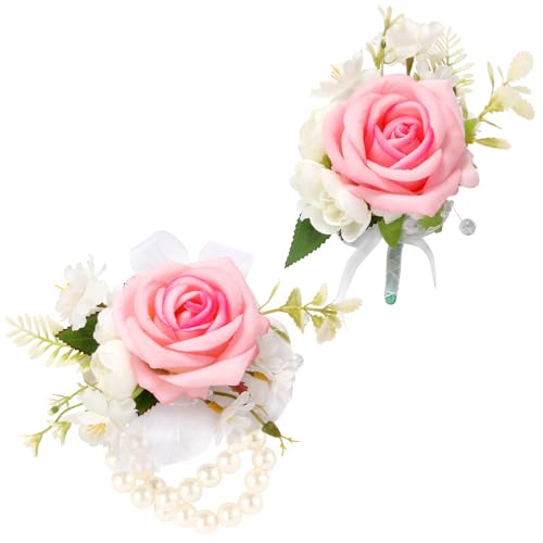Wrist Corsage and Boutonniere Set, Artificial Rose Corsage Wristlet and Boutonniere for Wedding Prom Party (Pink 1 Boutonniere&1 Wrist Corsage) - color: Pink 1 Boutonniere&1 Wrist Corsage