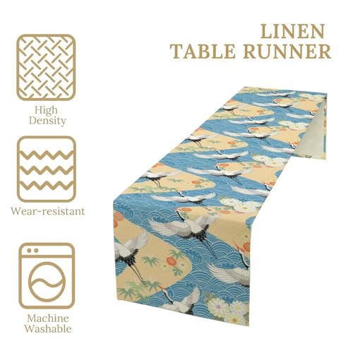 Japanese Crane Table Runner Flowers Art Printed Burlap Runner for Home Kitchen Dining Table Living Room Decor Fabric 1 Panel W13xL36in - color: Japanese Style-6, size: 13"W x 36"H