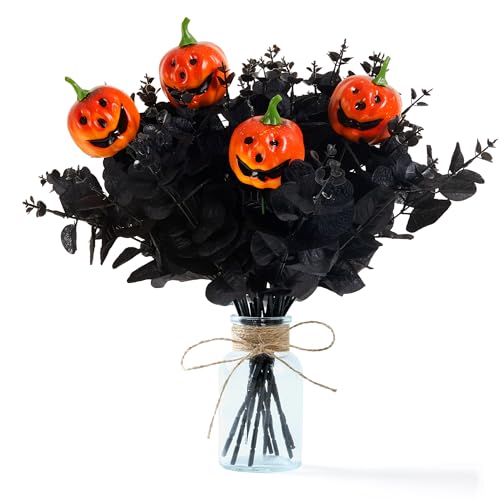 SITUMEIZI 14PCS Black Halloween Flowers Pumpkin Decorations Indoor Black Artificial Flower Fake Eucalyptus Branches Stems Halloween Table Centerpieces Decor - color: Black-pumpkin