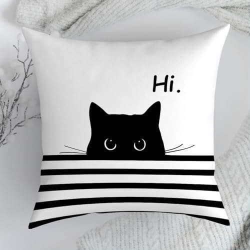 Fokongna Hi Cute Black Cat PatternPillow Covers for Couch Home Bedroom Living Room 18 x 18 Inch Pillow Covers - color: Hi Cat