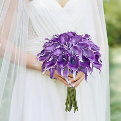24 Pcs Purple Artificial Calla Lily Flowers Fake Purple Silk Flowers Real Touch for Wedding Bouquet Office Home Kitchen Decor - color: Purple