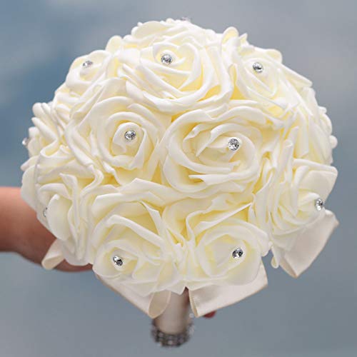 WIFELAI-A Ivory Cream Bouquet for Bride Bridesmaids with Diamond Soft Ribbons Artificial PE Rose Bridal Holding Flowers for Wedding, Party and Church(Dia:8.26inchH:10inch Ivory W2018)… - color: Ivory Cream