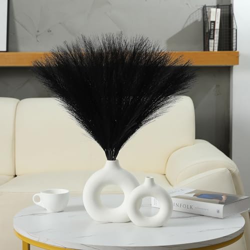 Ureymx Faux Pampas Grass Decor 17.7 Inch 30pcs, Artificial Pampas Grass Fluffy Home Decor, Short Vase Room Decor pompous Grass Flower Arrangement for Boho Home Wedding Decoration (Black) - color: Black, size: 17 Inch 30 Pcs