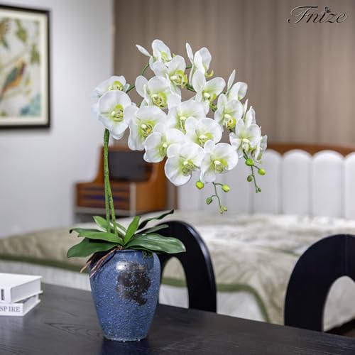 Fnize Faux Orchid Stems Real Touch Artificial Phalaenopsis Flowers Latex Petals 38 Inches 2pcs (Green White) - color: Green White